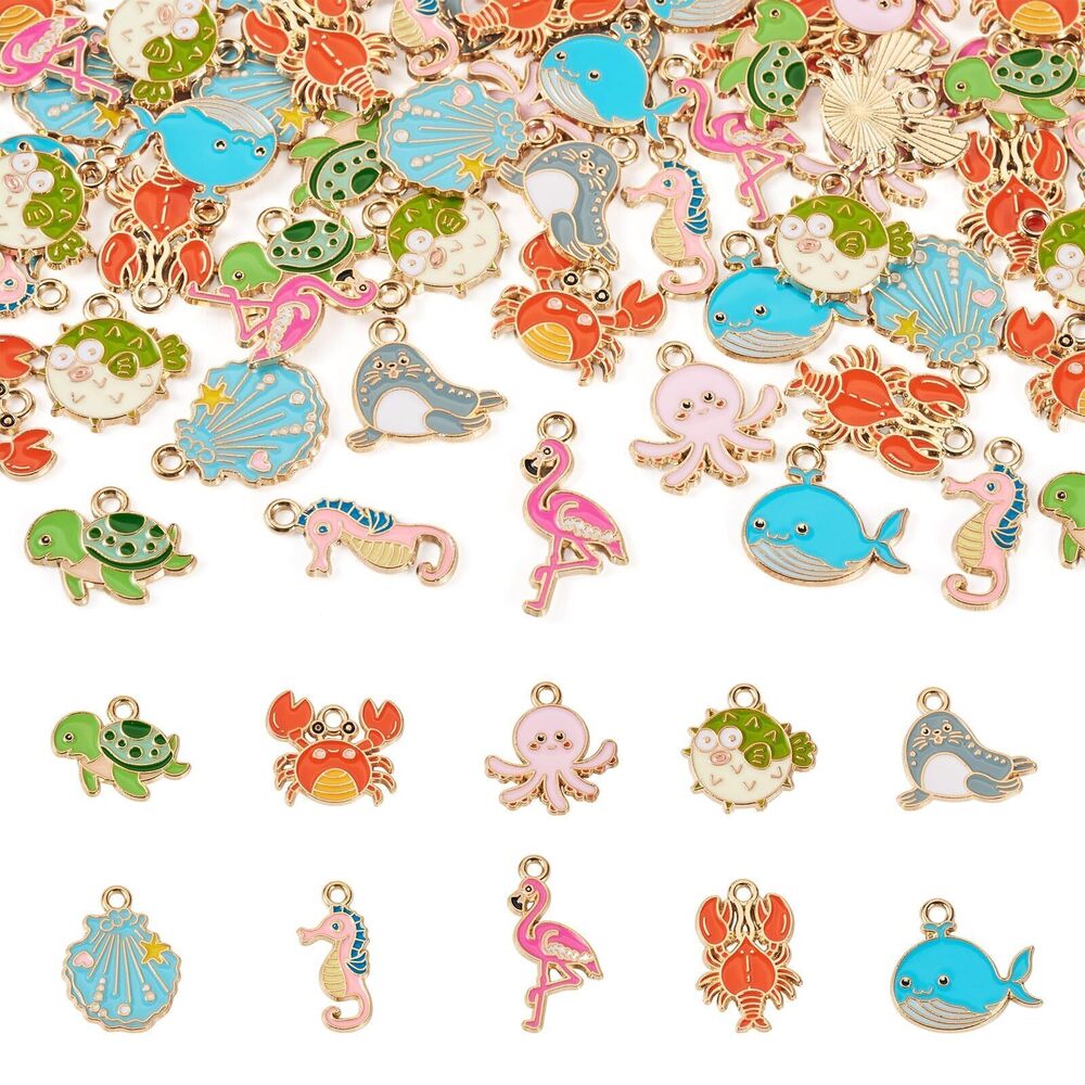 3996 60Pcs Ocean Animal Enamel Charms Sea Horse Sea Lion Shell Whale